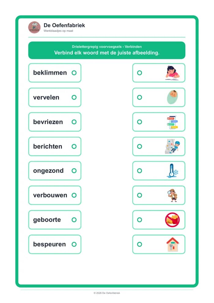 Voorbeeld van het werkblad "Drielettergrepig voorvoegsels - Verbinden" (Technisch lezen)