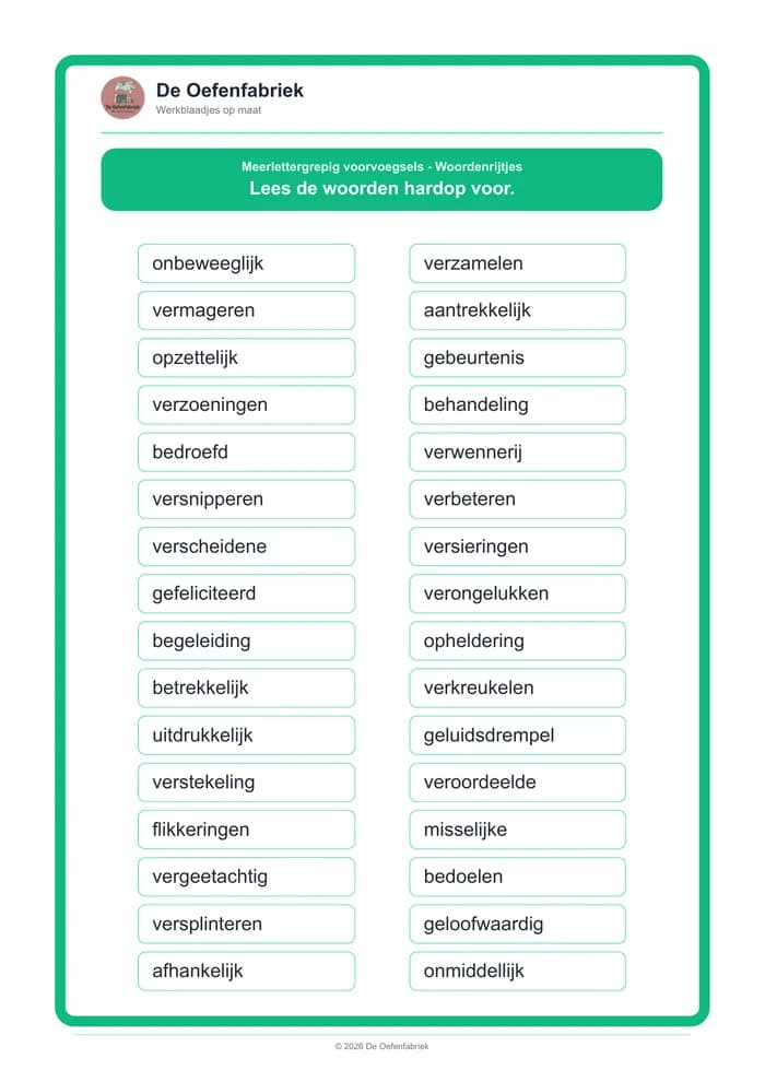 Voorbeeld van het werkblad "Meerlettergrepig voorvoegsels - Woordenrijtjes" (Technisch lezen)