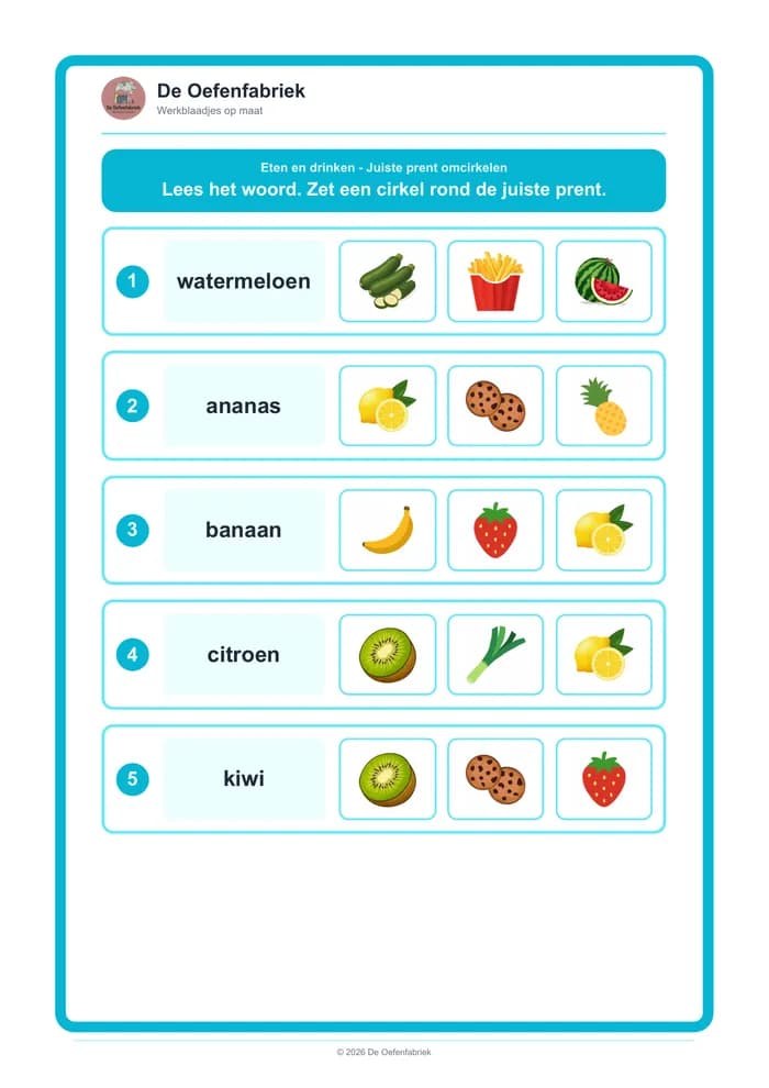 Voorbeeld van het werkblad "Eten en drinken - Juiste prent omcirkelen" (Taalontwikkeling)