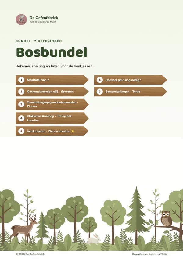 Voorblad Bosbundel in de stijl Bosrand: de zeven oefeningen op houten wegwijzers en onderaan een bos met een hert, een konijn en een uil