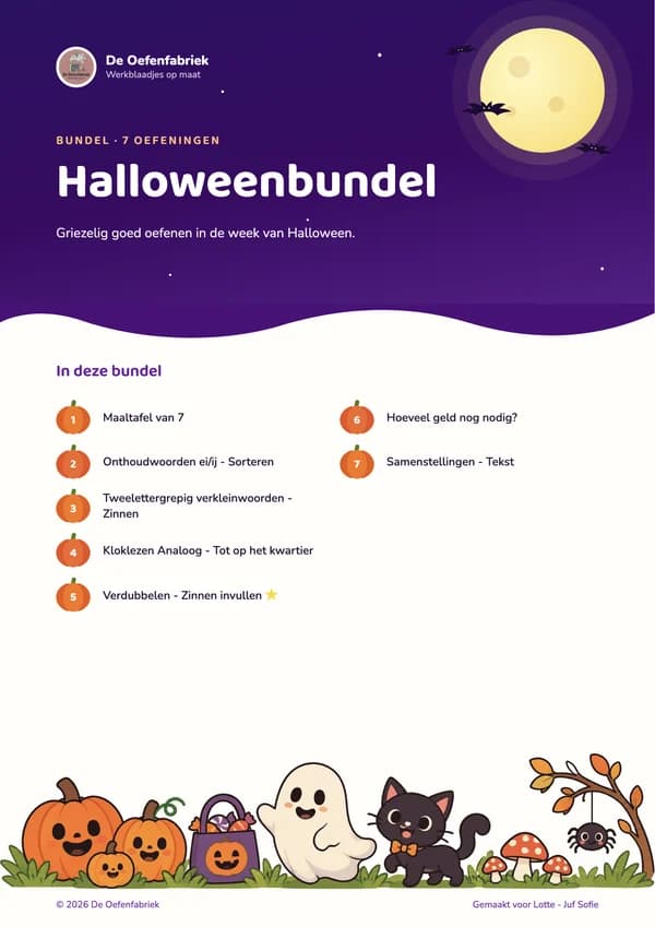 Voorblad Halloweenbundel in de stijl Maannacht, met de oefeningen genummerd op pompoenen