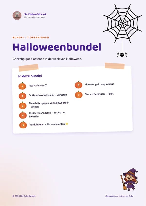 Voorblad Halloweenbundel in de stijl Spinnenweb: een spinnenweb met spin, een inhoud van zeven oefeningen op een kaartje en een heksje