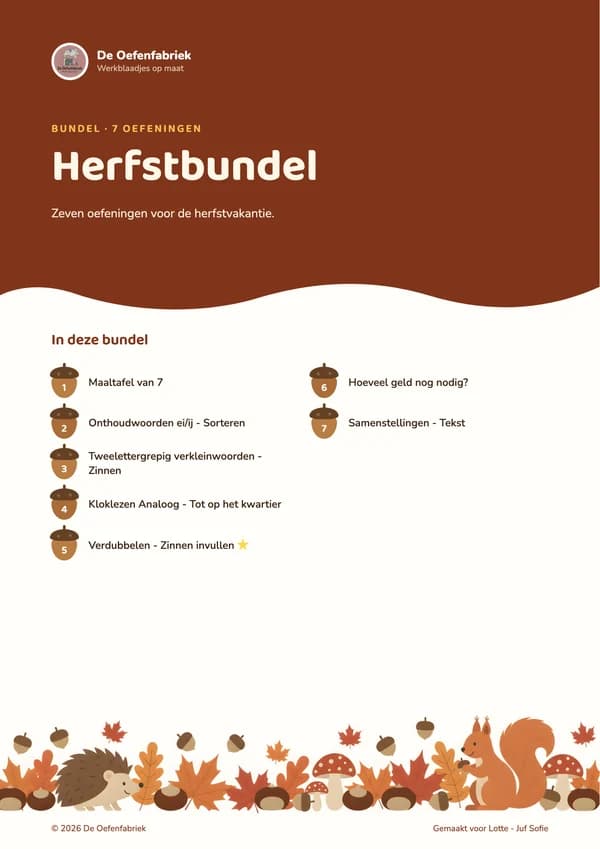 Voorblad Herfstbundel in de stijl Eikels: bruine kop met golvende rand, oefeningen genummerd op eikels en onderaan een egel, een eekhoorn en paddenstoelen