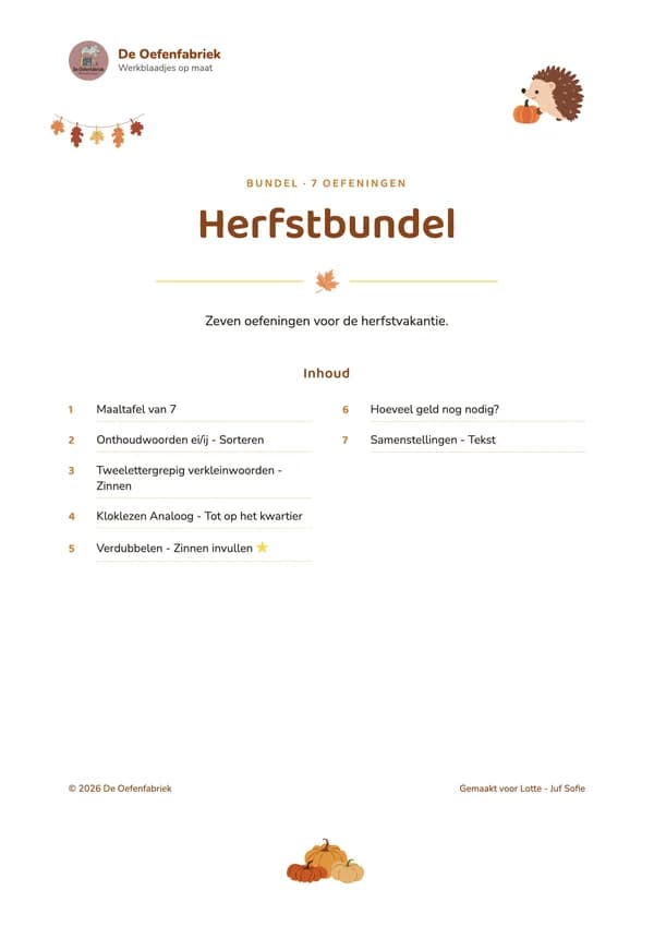 Voorblad Herfstbundel in de stijl Rustig: wit blad met een slinger herfstbladeren, een egel en een inhoud van zeven oefeningen