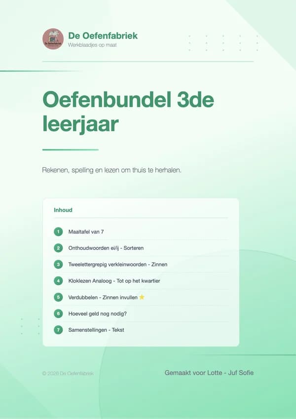 Voorblad Oefenbundel in de stijl Modern, met een inhoud van zeven oefeningen