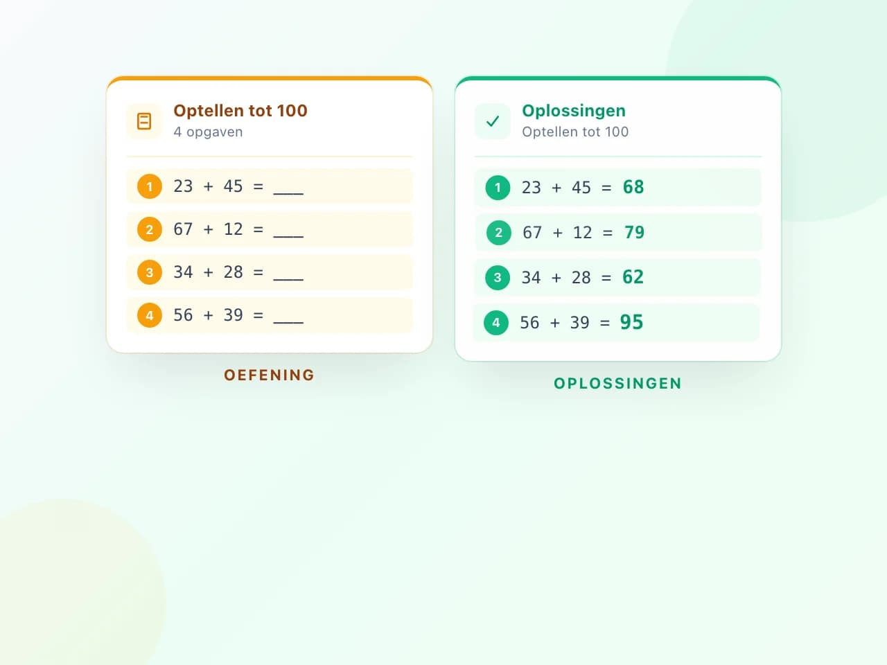 Een rekenwerkblad met optellingen tot 100 en het bijhorende oplossingsblad