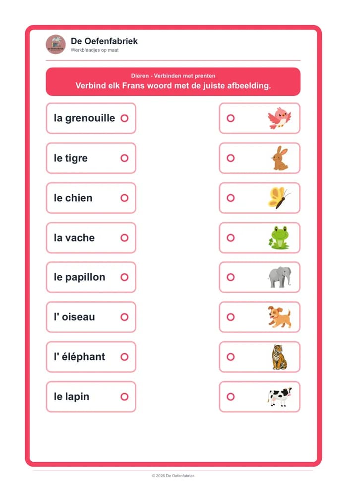 Voorbeeld van het werkblad "Dieren - Verbinden met prenten" (Frans)