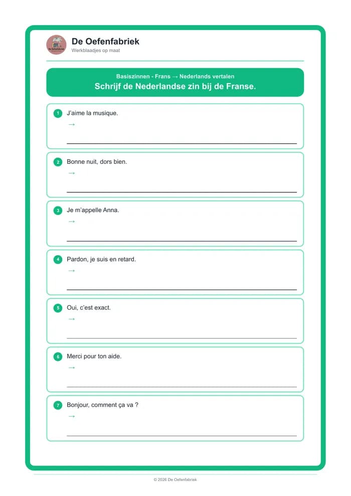 Voorbeeld van het werkblad "Basiszinnen - Frans → Nederlands vertalen" (Zinnen en grammatica, het zesde leerjaar)