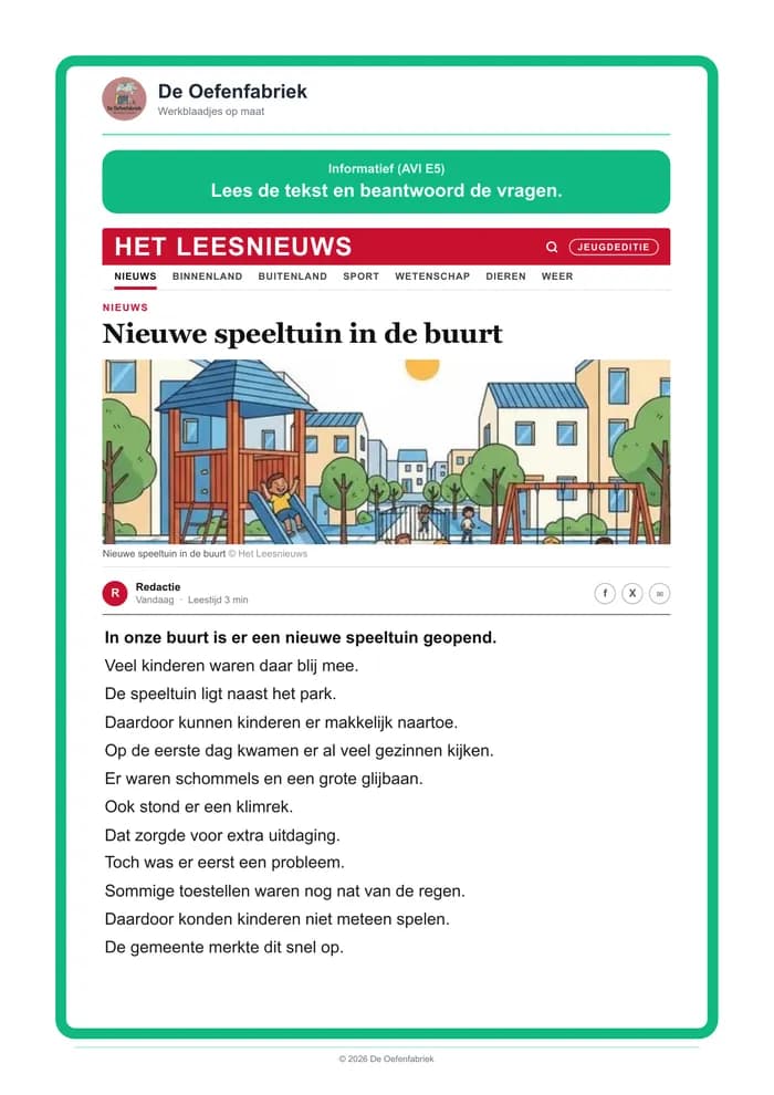 Voorbeeld van het werkblad "Informatief" (AVI M5 tot E6, het derde leerjaar)