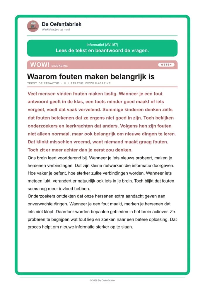 Voorbeeld van het werkblad "Informatief" (AVI M7 tot Plus, het vijfde leerjaar)