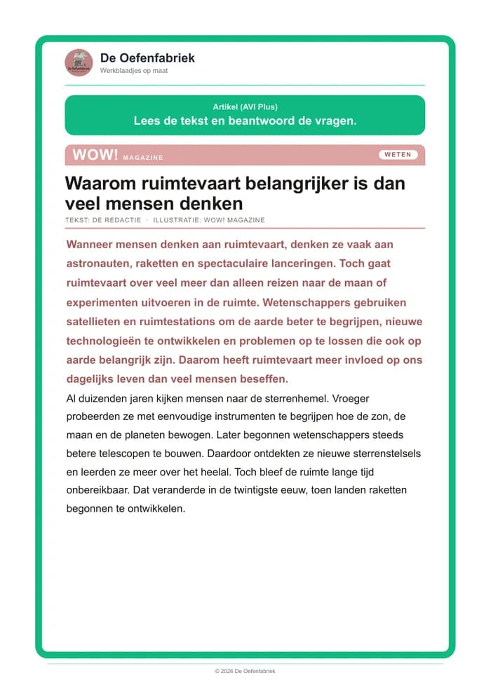 Voorbeeld van het werkblad "Artikel" (AVI M7 tot Plus, het zesde leerjaar)