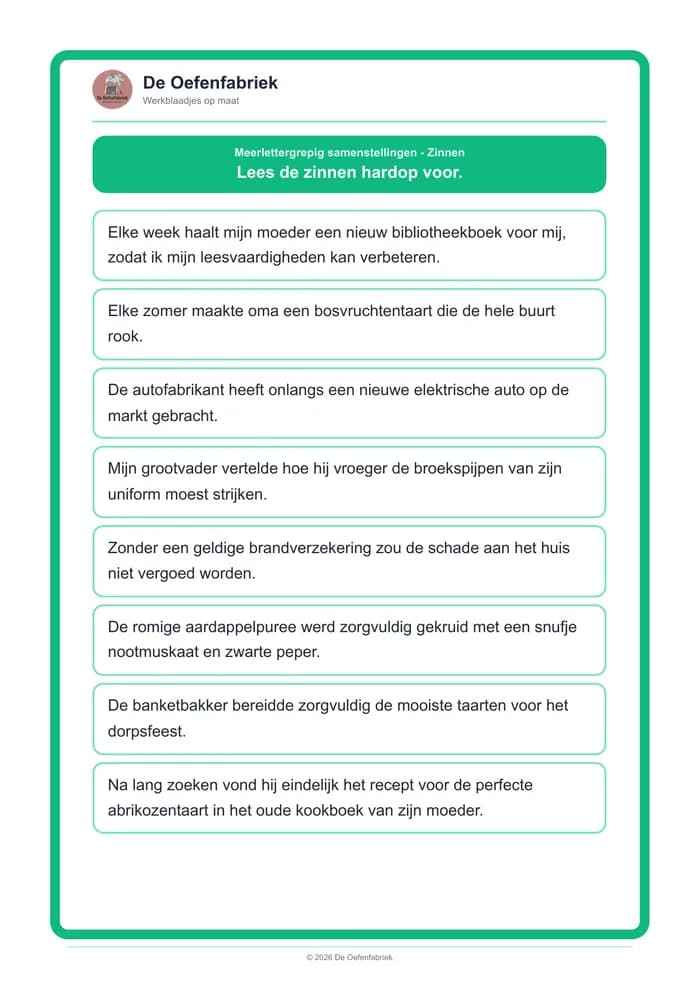Voorbeeld van het werkblad "Meerlettergrepig samenstellingen - Zinnen" (Gevorderd lezen, het derde leerjaar)