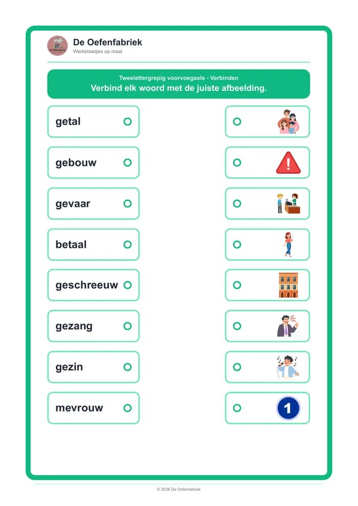 Voorbeeld van het werkblad "Tweelettergrepig voorvoegsels - Verbinden" (Voortgezet lezen, het derde leerjaar)