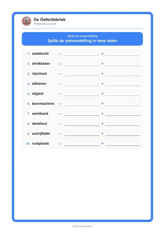 Voorbeeld van het werkblad "Splits de samenstelling" (Samenstellingen, het vierde leerjaar)