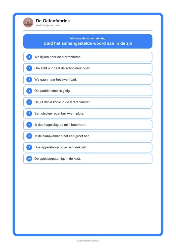 Voorbeeld van het werkblad "Markeer de samenstelling" (Samenstellingen, het derde leerjaar)