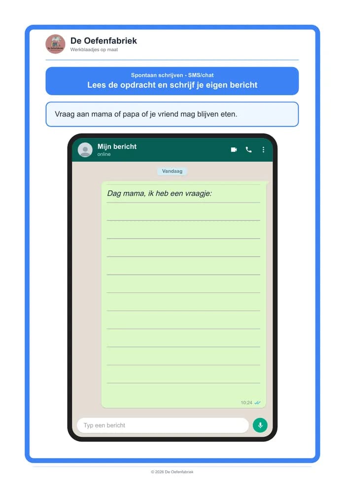 Voorbeeld van het werkblad "Spontaan schrijven - SMS/chat" (Spontaan schrijven, het derde leerjaar)