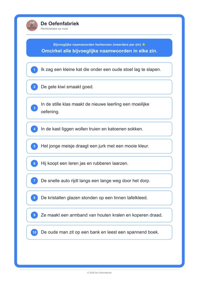 Voorbeeld van het werkblad "Bijvoeglijke naamwoorden herkennen (meerdere per zin)" (Taalbeschouwing)
