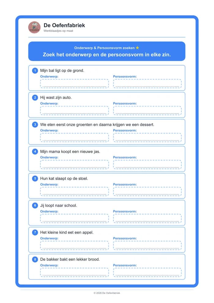 Voorbeeld van het werkblad "Onderwerp & Persoonsvorm zoeken" (Onderwerp en persoonsvorm)