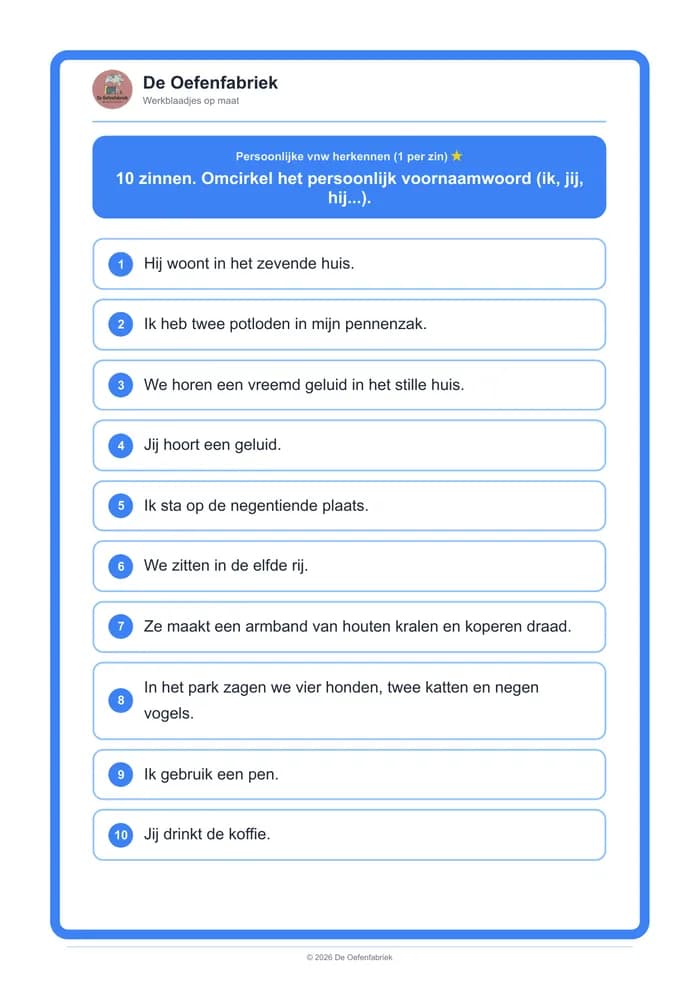 Voorbeeld van het werkblad "Persoonlijke vnw herkennen (1 per zin)" (Voornaamwoorden, het vierde leerjaar)