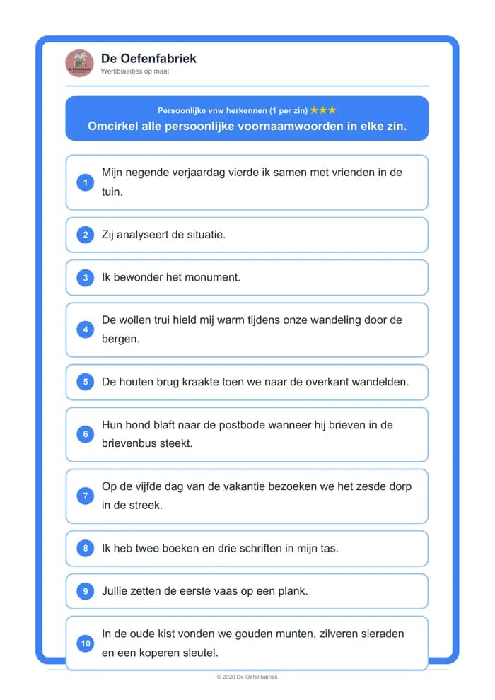 Voorbeeld van het werkblad "Persoonlijke vnw herkennen (1 per zin)" (Voornaamwoorden, het vijfde leerjaar)