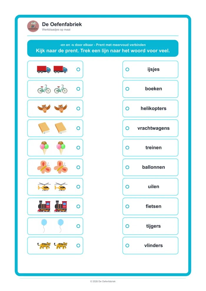 Voorbeeld van het werkblad "-en en -s door elkaar - Prent met meervoud verbinden" (Meervouden, het tweede leerjaar)