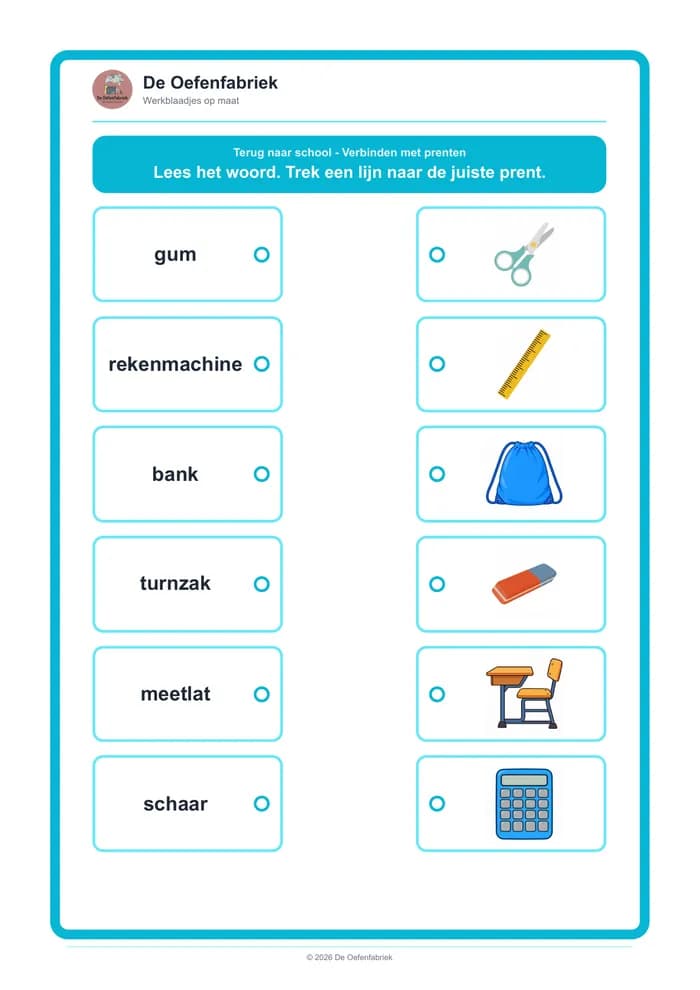 Voorbeeld van het werkblad "Terug naar school - Verbinden met prenten" (Woordenschat, kleuters)