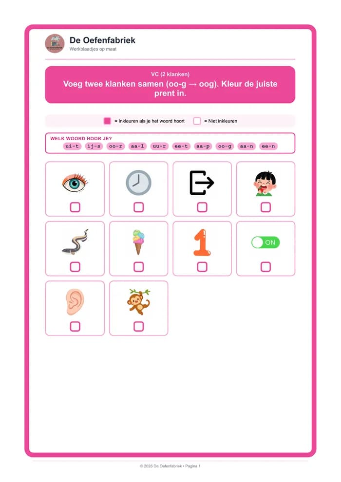 Voorbeeld van het werkblad "VC (2 klanken)" (Auditieve synthese, kleuters)