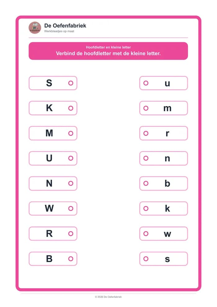 Voorbeeld van het werkblad "Hoofdletter en kleine letter" (Beginnende geletterdheid, het eerste leerjaar)