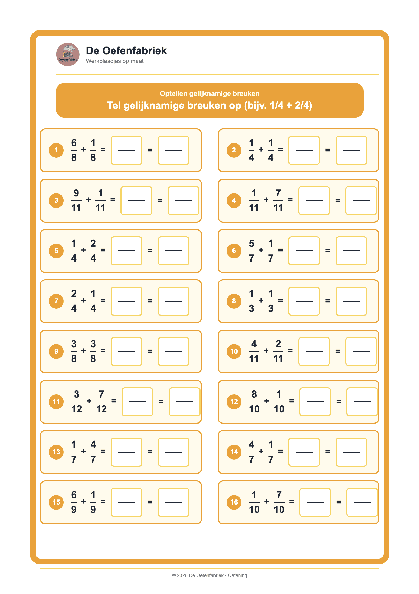 Voorbeeld van het werkblad "Optellen gelijknamige breuken" (Breuken en procenten)