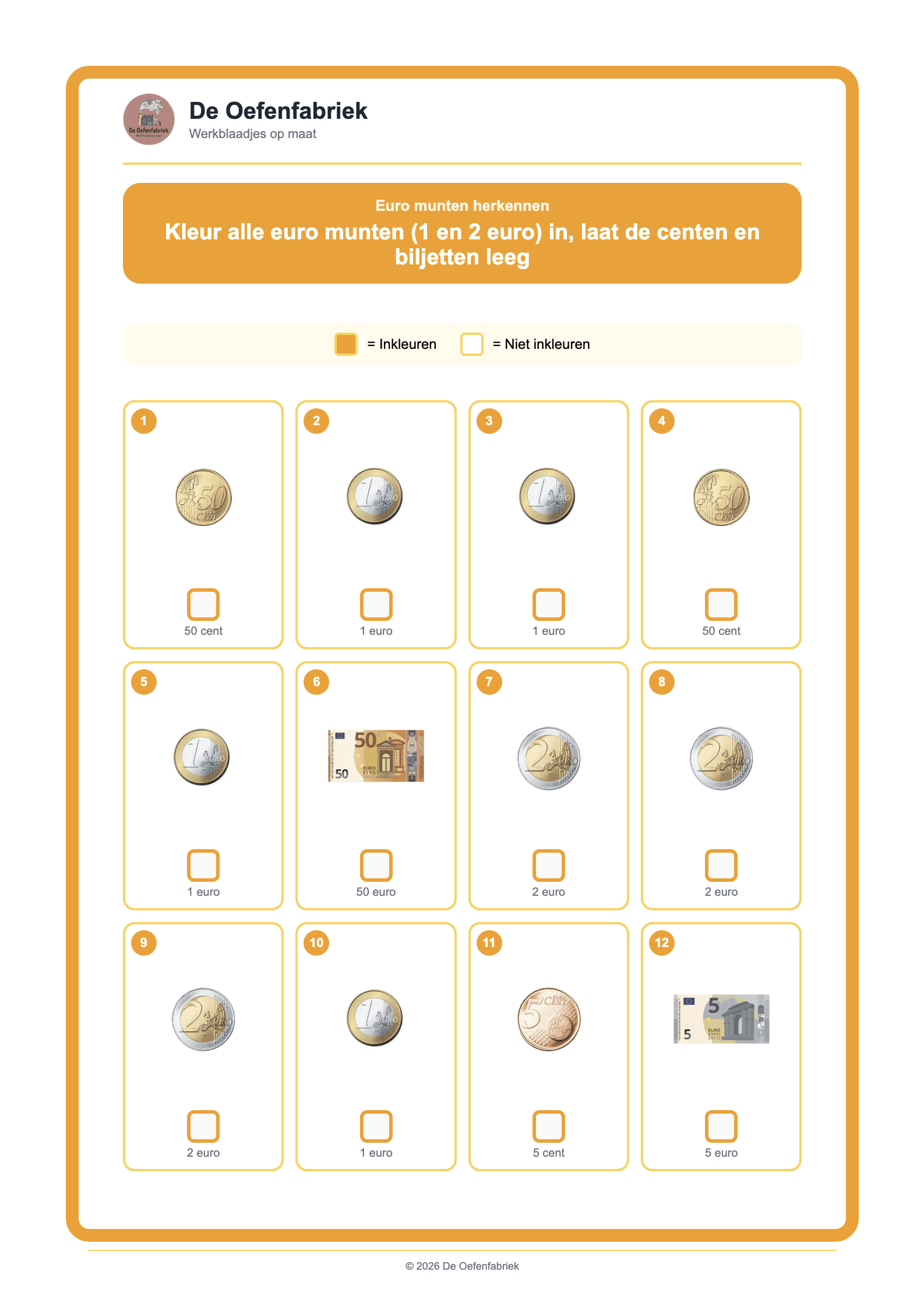 Voorbeeld van het werkblad "Euro munten herkennen" (Geldrekenen)