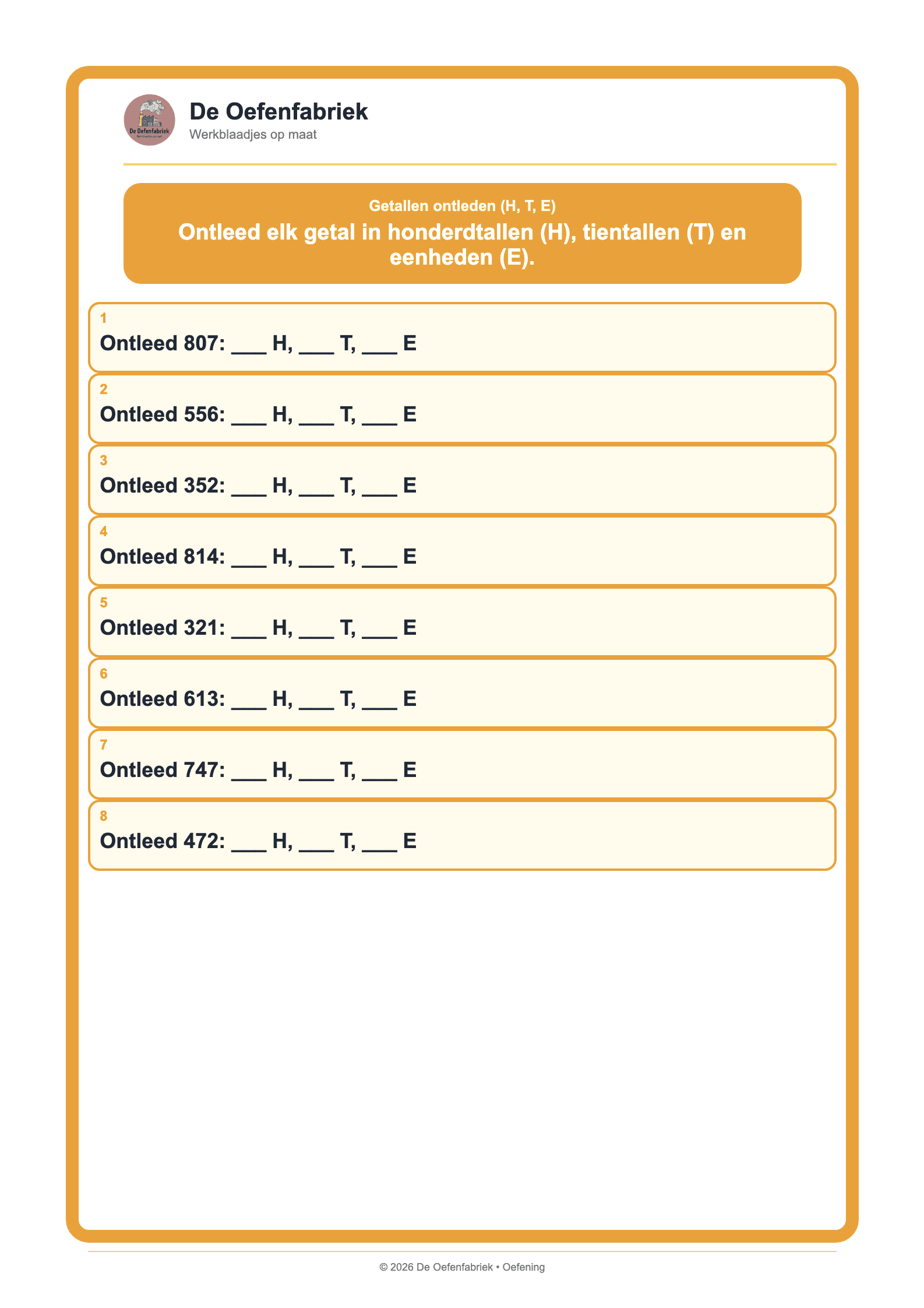 Voorbeeld van het werkblad "Getallen ontleden (H, T, E)" (Getallenkennis)