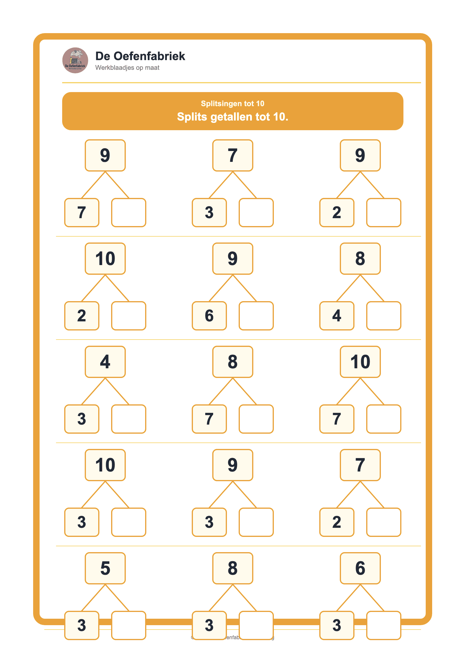 Voorbeeld van het werkblad "Splitsingen tot 10" (Hoofdrekenen, het eerste leerjaar)