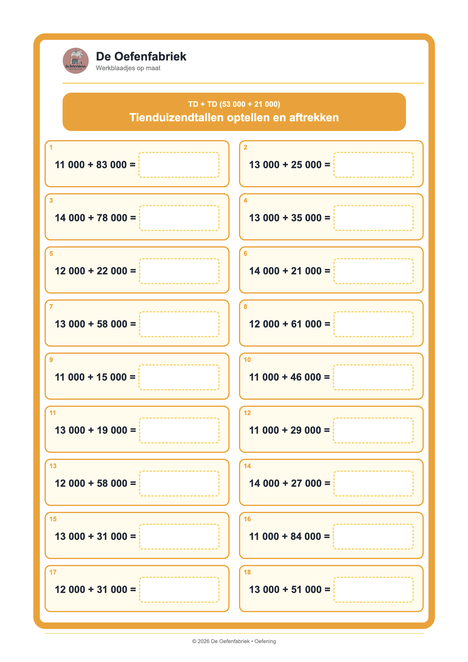 Voorbeeld van het werkblad "TD + TD (53 000 + 21 000)" (Hoofdrekenen, het vijfde leerjaar)
