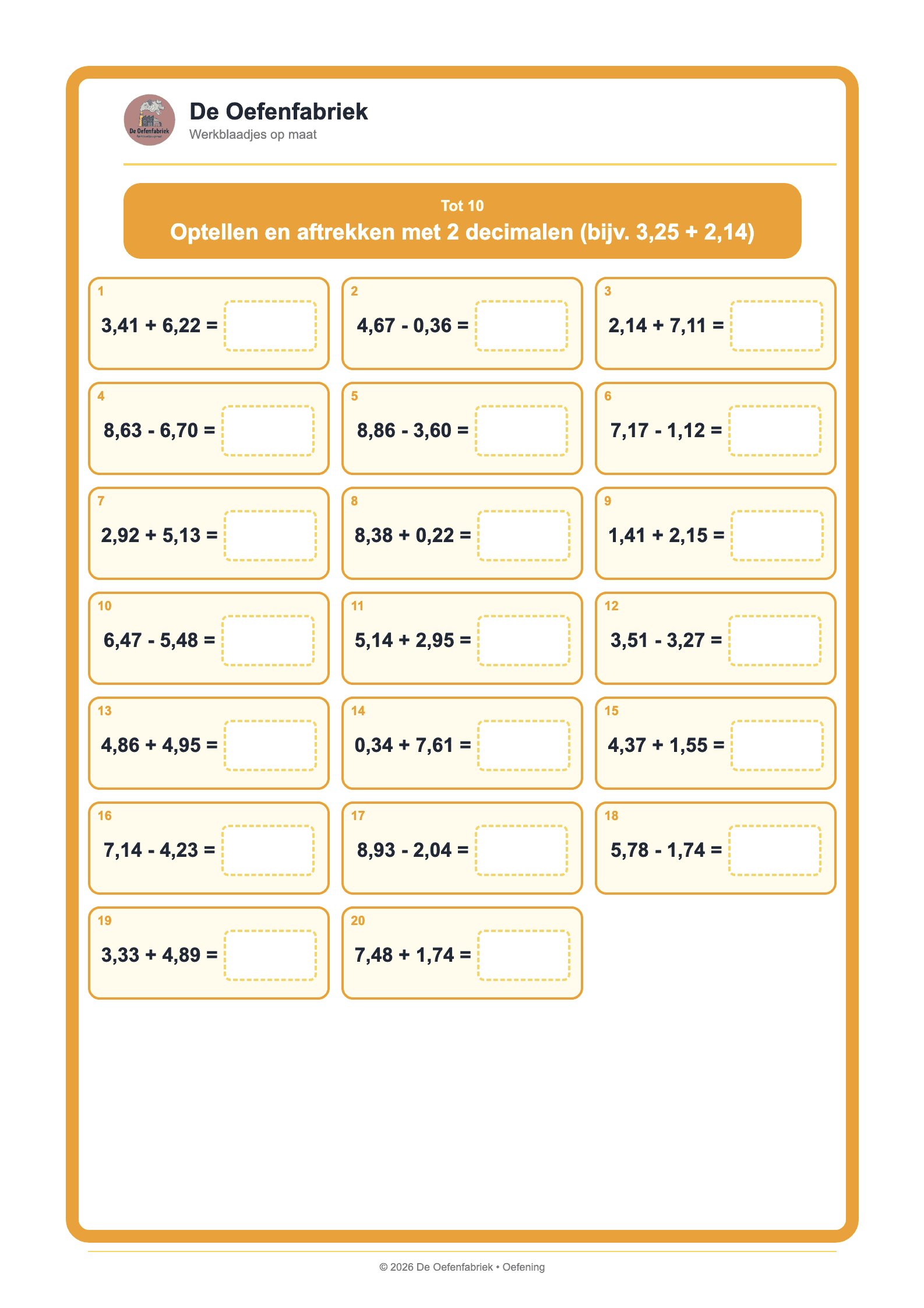 Voorbeeld van het werkblad "Tot 10" (Kommagetallen, het vijfde leerjaar)