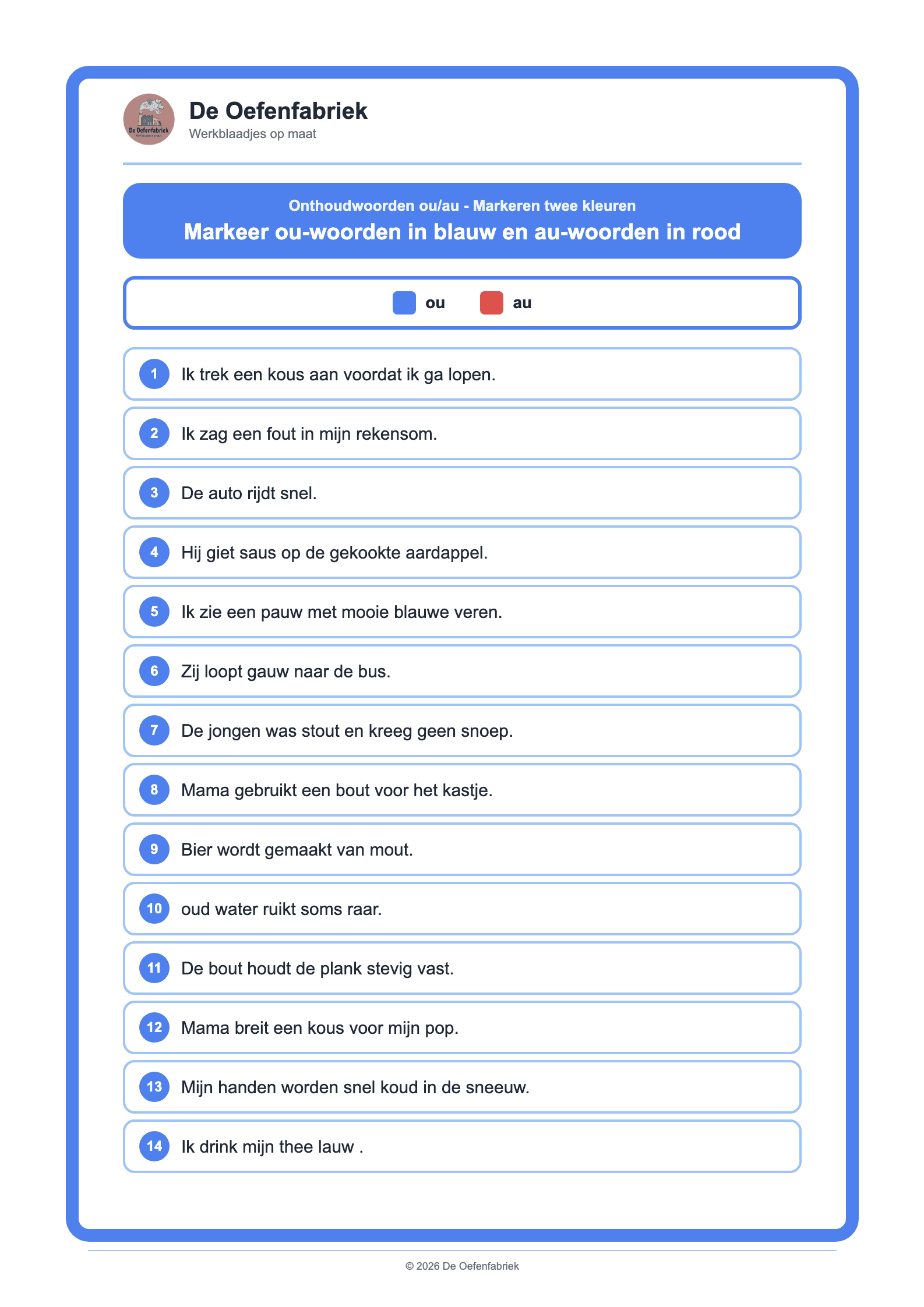 Voorbeeld van het werkblad "Onthoudwoorden ou/au - Markeren twee kleuren" (Weetwoorden)